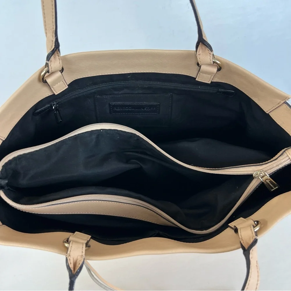 REBECCA MINKOFF Monroe Sand Saffiano Structured Leather Tassel Shoulder Bag Tote